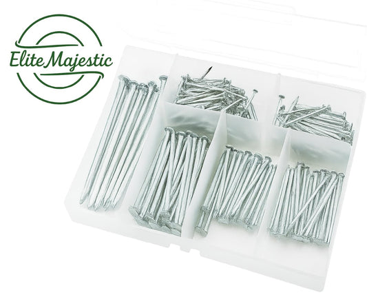 260-Piece Steel Nail Set with Organizer Box – Heavy-Duty Assorted Panel Pins for Picture Hanging, Wood, Wall & DIY Repairs – by Elite Majestic Tools