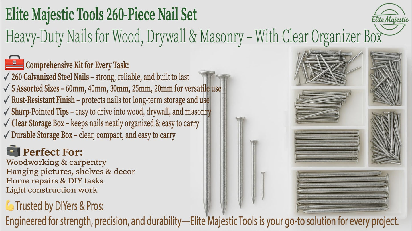 260-Piece Steel Nail Set with Organizer Box – Heavy-Duty Assorted Panel Pins for Picture Hanging, Wood, Wall & DIY Repairs – by Elite Majestic Tools