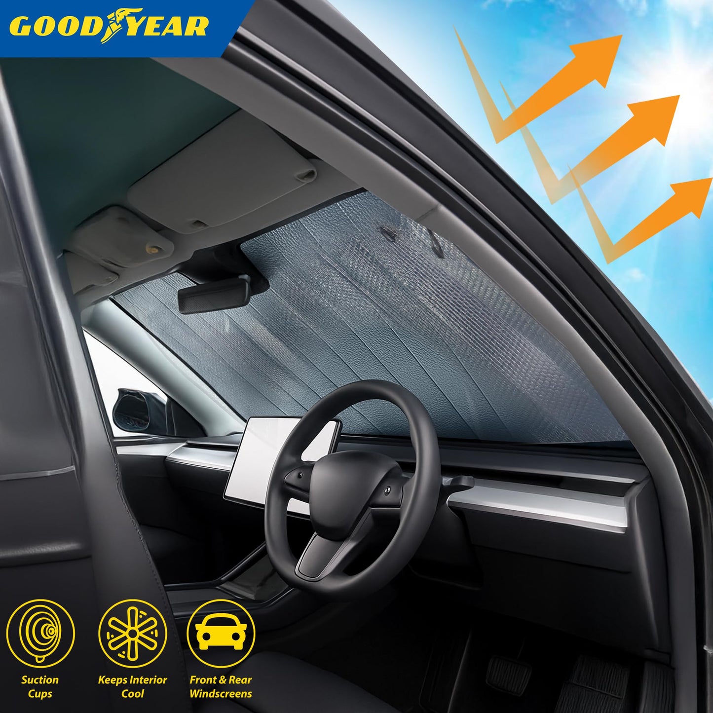 Goodyear Folding Windshield Sun Shade 130 * 60cm – Durable UV & Heat Blocker with Secure Suction Cups | Protects Interior from Sun & Dust | Compact & Easy to Store