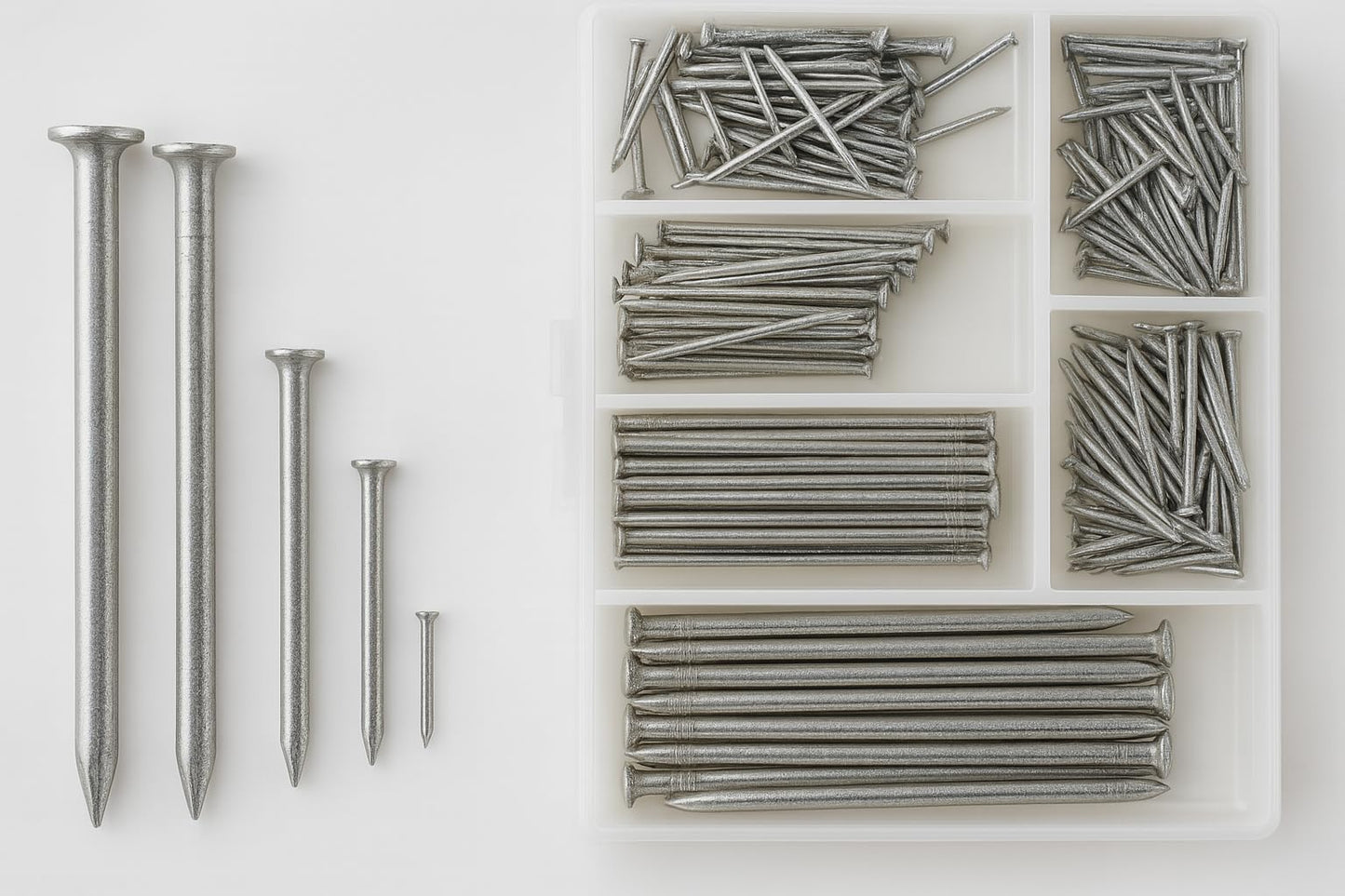 260-Piece Steel Nail Set with Organizer Box – Heavy-Duty Assorted Panel Pins for Picture Hanging, Wood, Wall & DIY Repairs – by Elite Majestic Tools