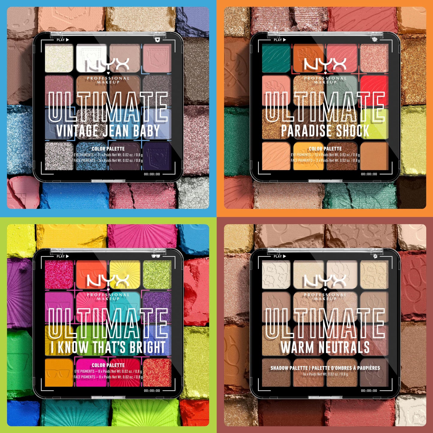 NYX Professional Makeup Ultimate Shadow Palette, 16 Vibrant True-To-Pan Eyeshadow Shades, Metallics, Shimmers, Colours and Nudes in Pressed Pigments, Vegan Formula, Warm Neutrals, 0.8 g