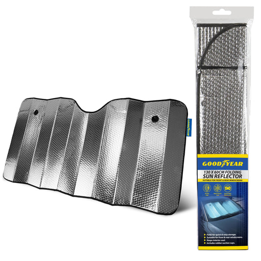 Goodyear Folding Windshield Sun Shade 130 * 60cm – Durable UV & Heat Blocker with Secure Suction Cups | Protects Interior from Sun & Dust | Compact & Easy to Store