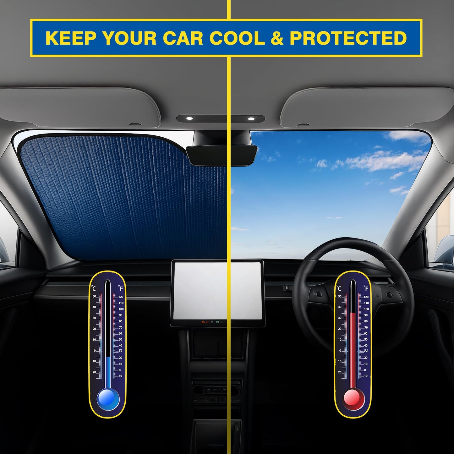 Goodyear Folding Windshield Sun Shade 130 * 60cm – Durable UV & Heat Blocker with Secure Suction Cups | Protects Interior from Sun & Dust | Compact & Easy to Store
