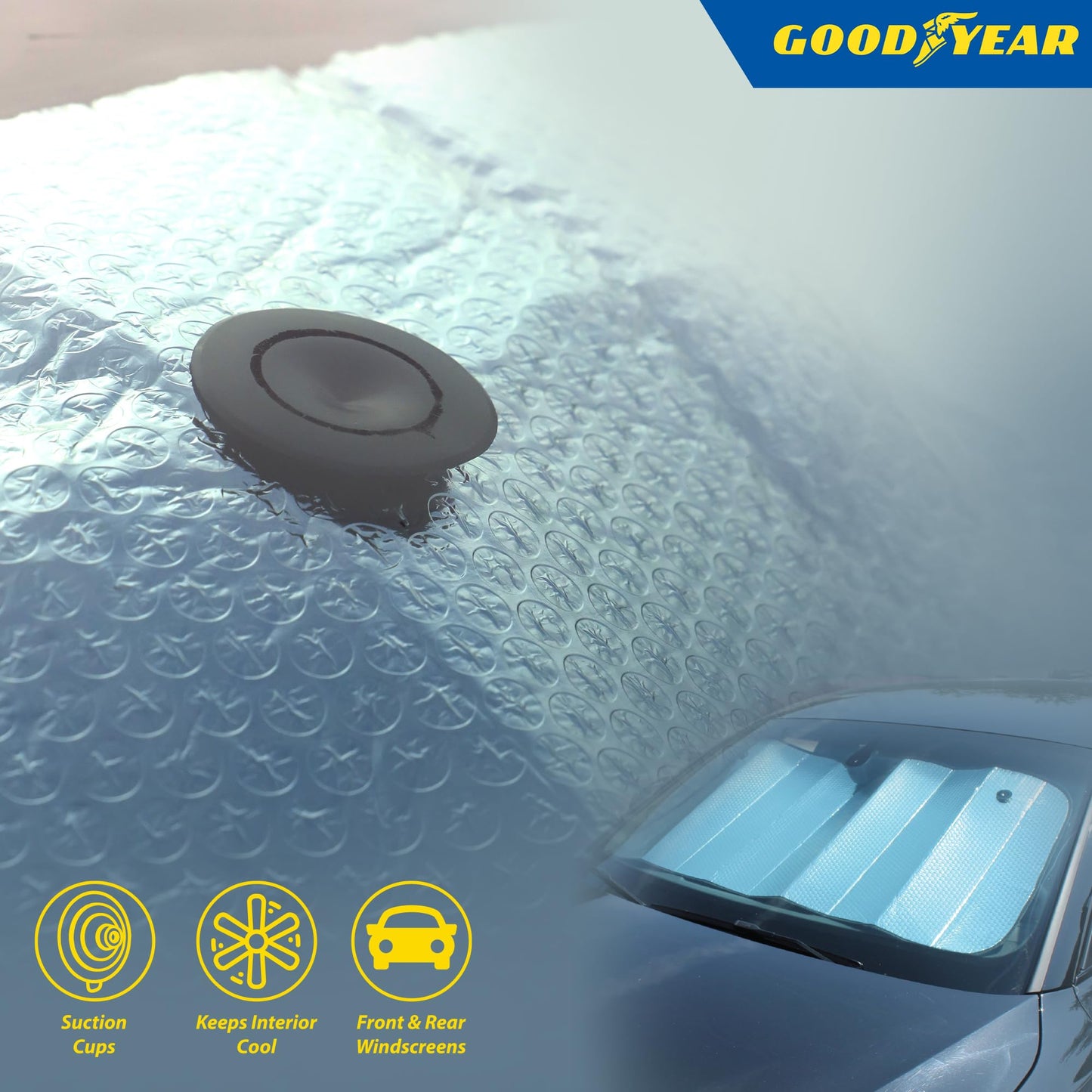 Goodyear Folding Windshield Sun Shade 130 * 60cm – Durable UV & Heat Blocker with Secure Suction Cups | Protects Interior from Sun & Dust | Compact & Easy to Store