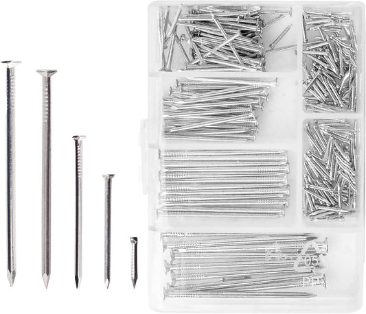 260-Piece Steel Nail Set with Organizer Box – Heavy-Duty Assorted Panel Pins for Picture Hanging, Wood, Wall & DIY Repairs – by Elite Majestic Tools