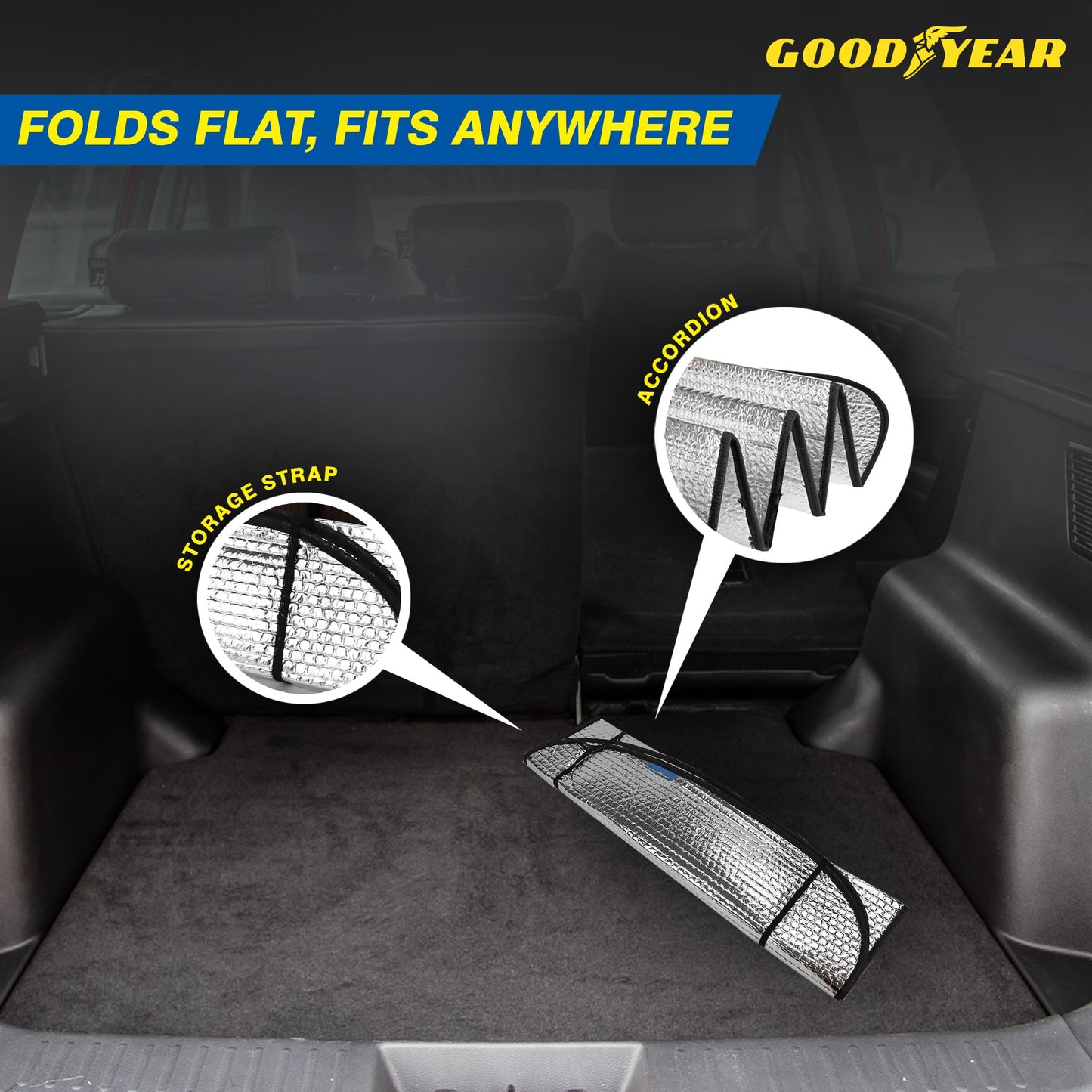 Goodyear Folding Windshield Sun Shade 130 * 60cm – Durable UV & Heat Blocker with Secure Suction Cups | Protects Interior from Sun & Dust | Compact & Easy to Store