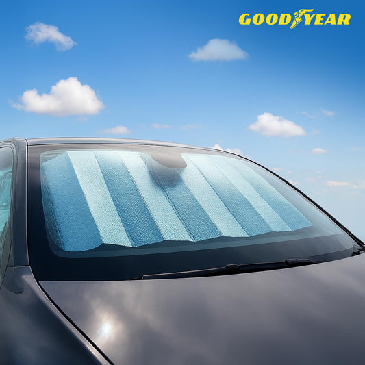 Goodyear Folding Windshield Sun Shade 130 * 60cm – Durable UV & Heat Blocker with Secure Suction Cups | Protects Interior from Sun & Dust | Compact & Easy to Store